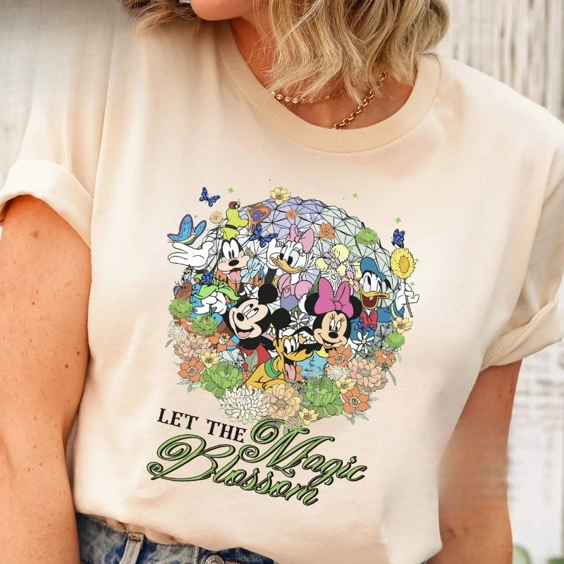 

Футболки унисекс с цветочным принтом Disney «Микки и его друзья» Let The Magic Bloom, хлопковые футболки с короткими рукавами, свободная уличная одежда больших размеров