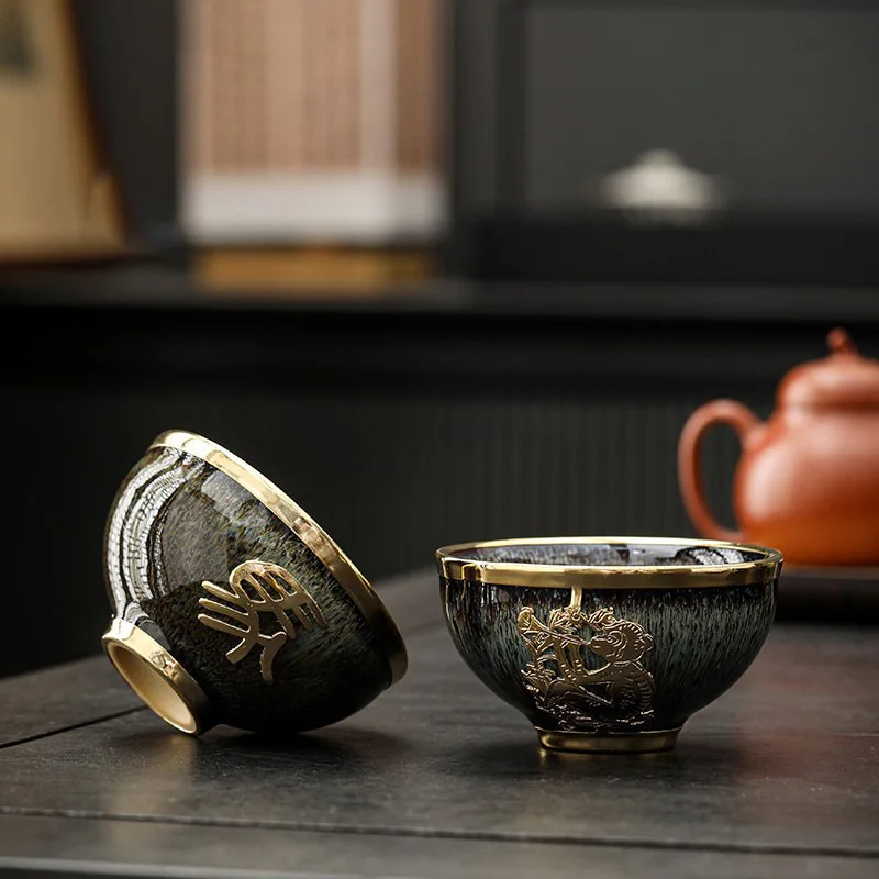 Jianzhan Tenmoku Tea Cup Gold Inlaid Jade Zodiac Master Cup Ceramic Kung Fu Tea Bowl Personal Single Cup for Tea Lovers Gift