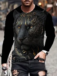 Black Lion Print Men's Long Sleeve T-shirt Spring And Autumn Men's Daily Casual Top Street Fashion Men's Long Sleeve T-shirt