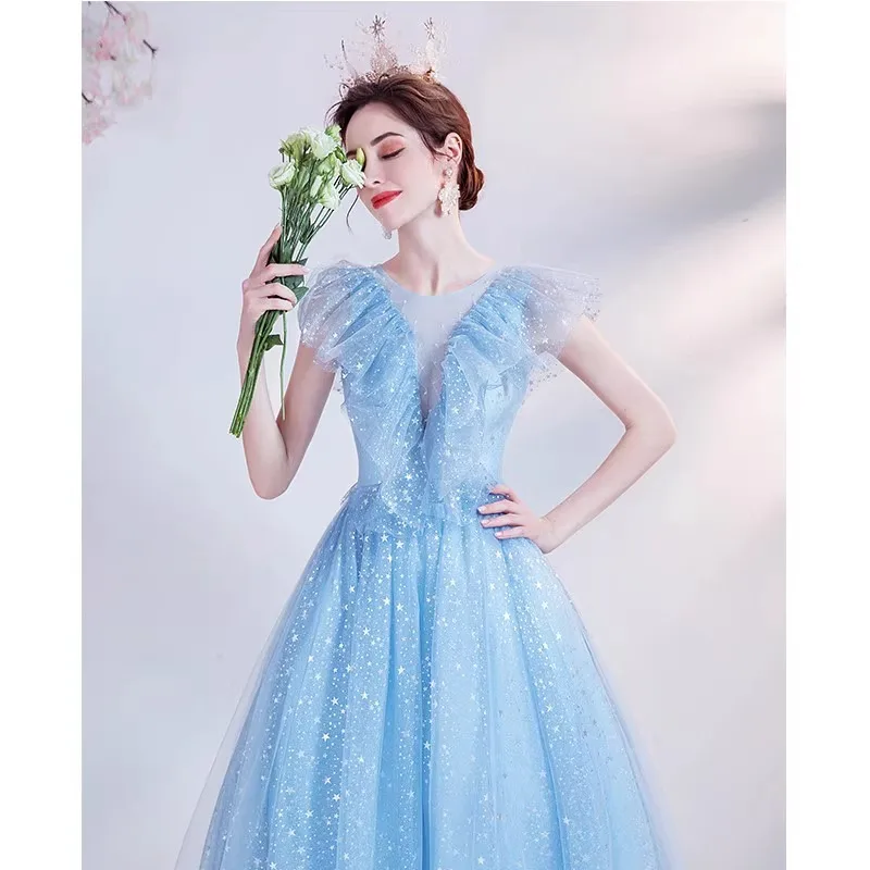 Синее вечернее платье, новинка 2025 года, перспективная вечерняя вечеринка, ежегодное собрание, художественное экзаменационное представление, соло, свадебное платье, осень