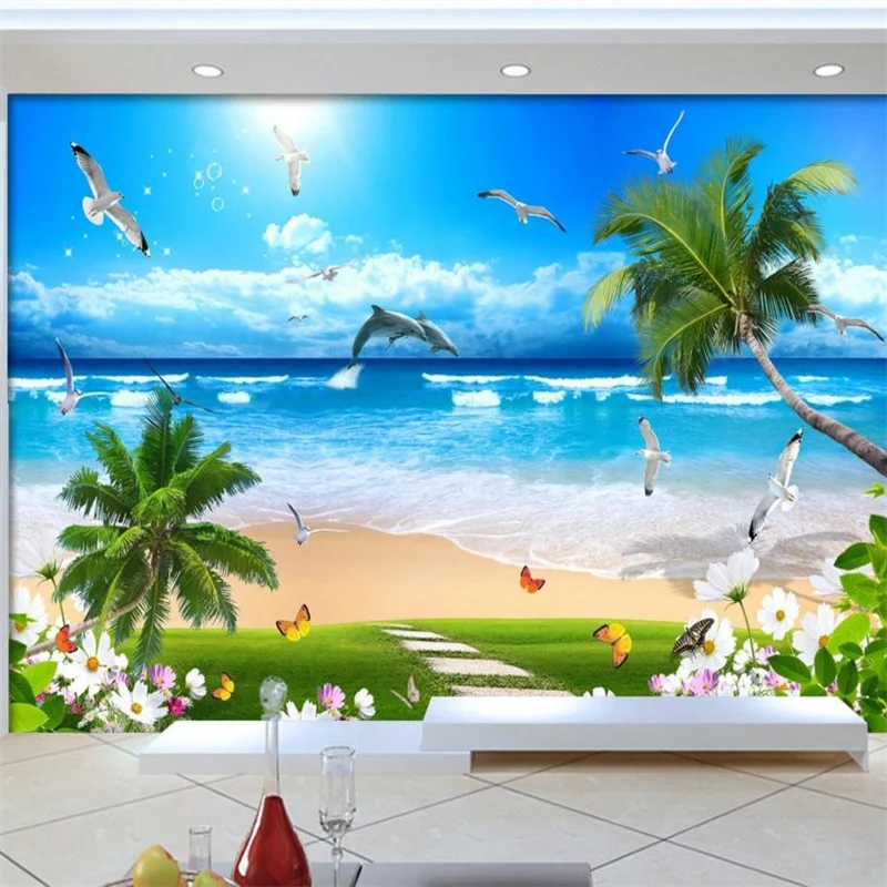 

Custom Home Decor TV Backdrop 3D Wallpaper Beach Waves Photo Murals 3D Wallpapers For Wall Papel De Parede Living Room Bedroom