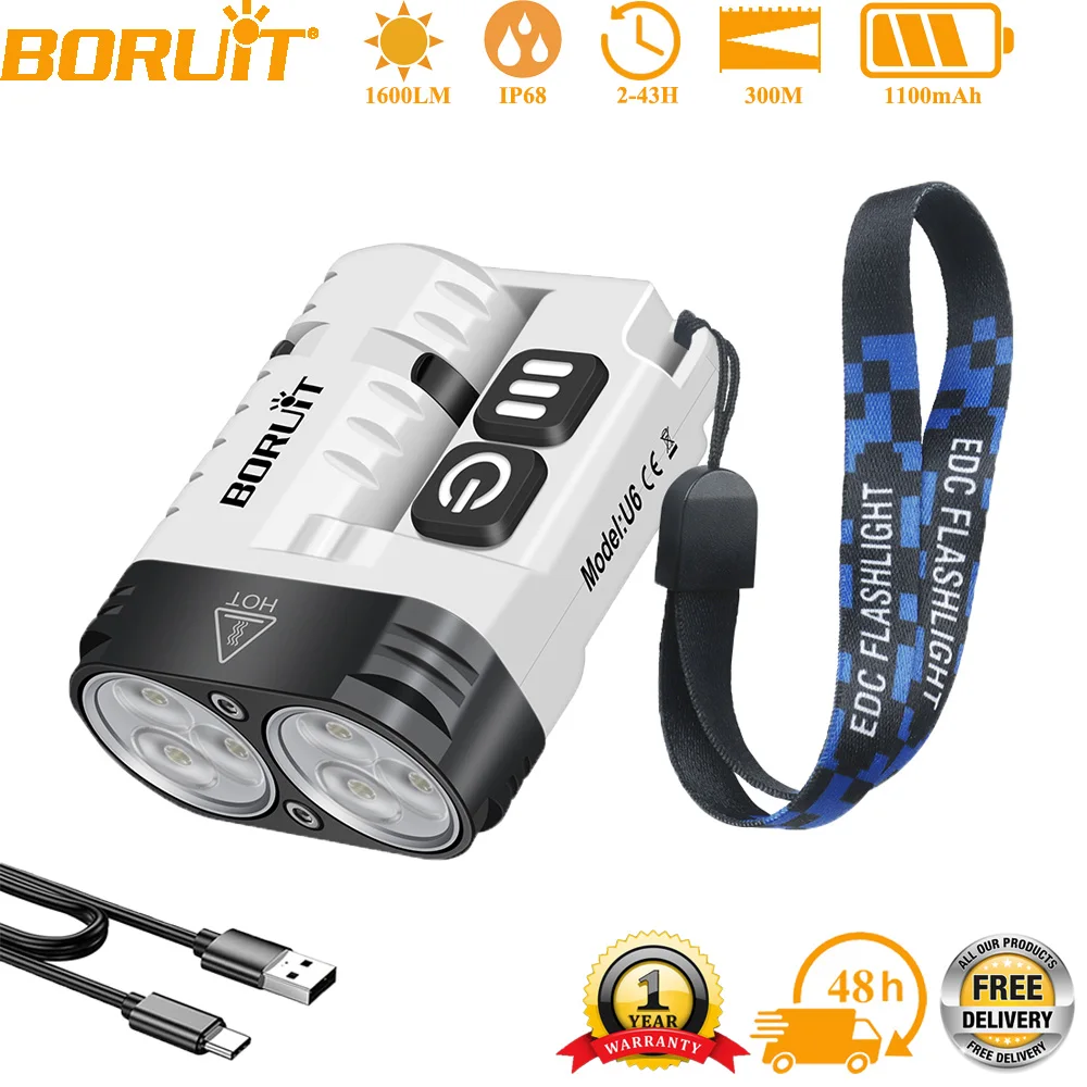 BORUiT U6 LED Flashlight Keychain Light SST20 1600LM 20W Super Bright Portable Mini Torch Rechargeable Work Light With Magnet