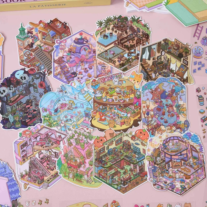 

1box/60pcs Cute Cartoon 3D Scene Stickers, Adorable 3D Scenes (Fantasy Forest, Magic Castle) for Hand Account & Scrapbook