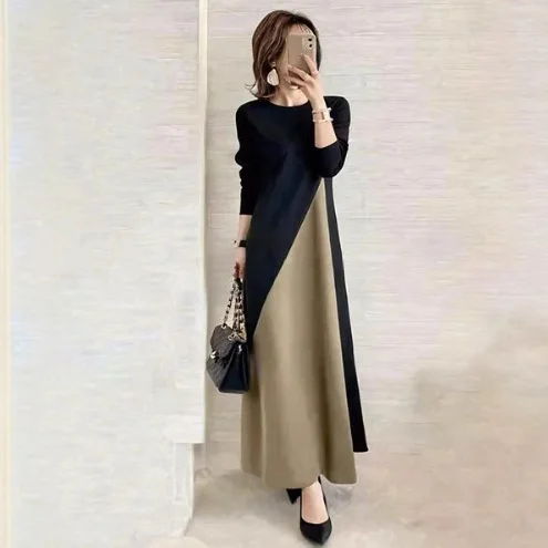 컬러 블록 A라인 미디 드레스 긴 소매 라운드 넥 기본 스커트 봄 여성 우아한 면 폴리에스터 트리아세테이트 섬유