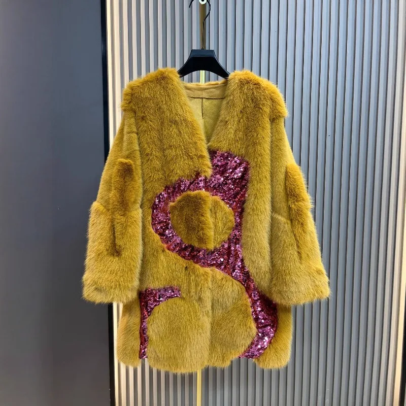 Fashion New Faux Fur Mid-Length Jacket Winter Autumn Thickened Warm Popular Design Sequin Versatile Stylish Women's Furry Coat