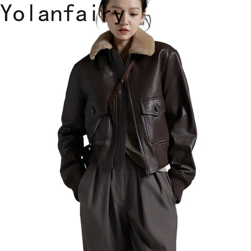 

YOLANFAIRY Vegetable Tanned Real Leather Coat Women Winter Padded Cotton Short Warm Genuine Sheepskin Jacket Wool Turn Collar