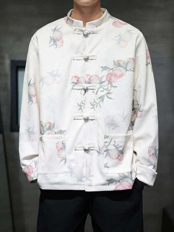 

New Chinese Sle Men's Jaet Large Size Buttoned Deer Skin Velvet Coat Plum Blossom Print Hanfu Casual Loose Fit Long Sve