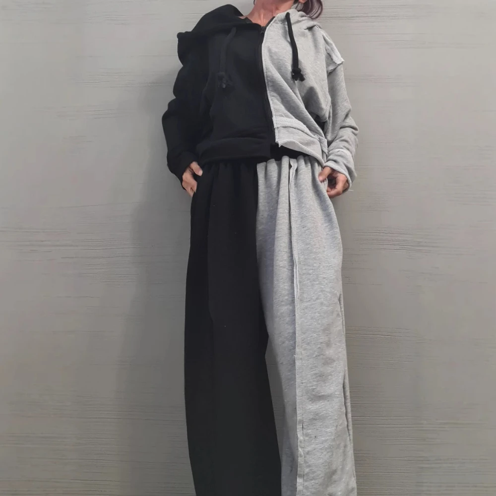 

Trend neutral wind high street style thin loose long sleeve zipper coat contrast casual personality trend pants suit women