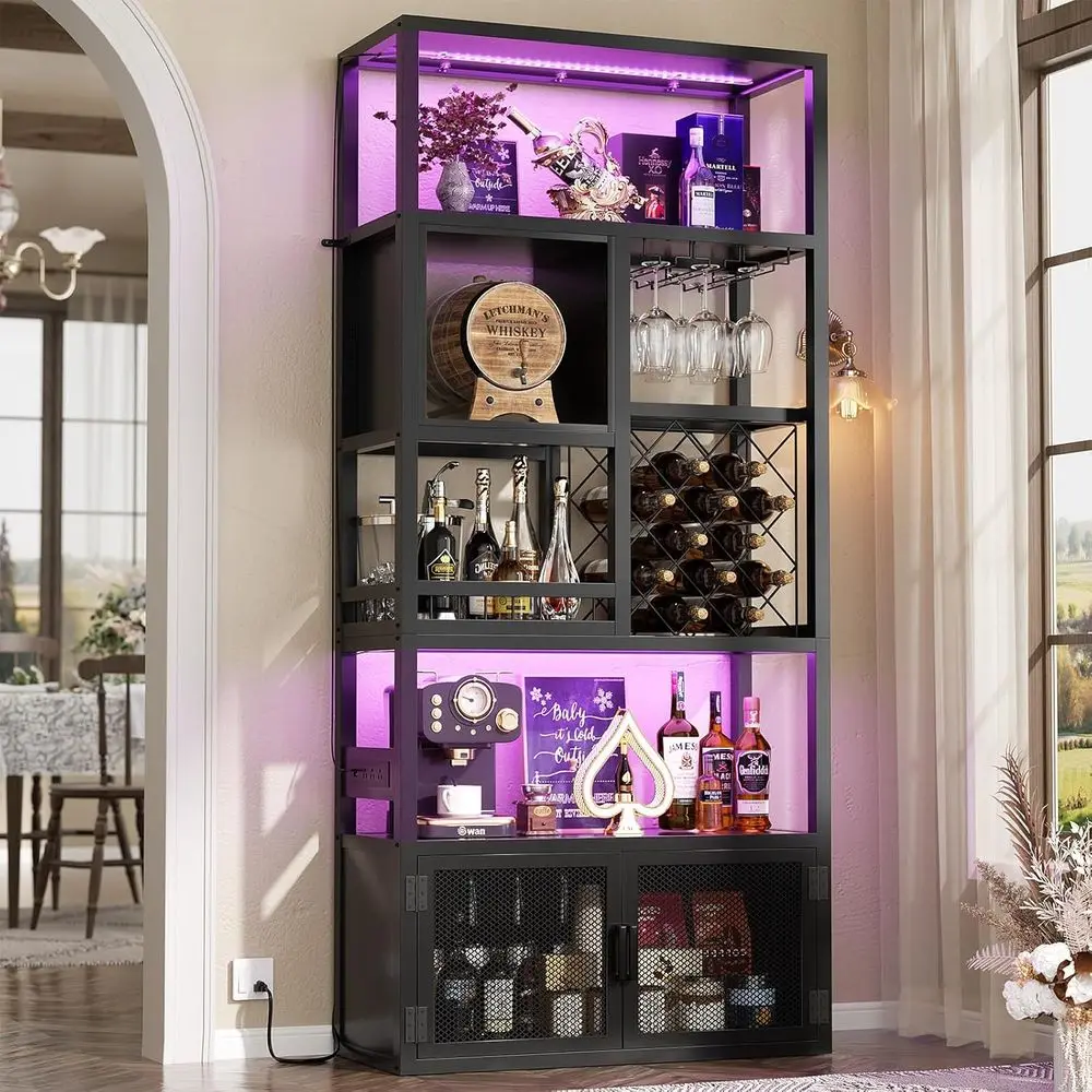 82.6" Tall Bar Cabinet with Power Outlets & LED Lights, Liquor Cabinet Bar or Home, Reversible Coee Station Wine Cabinet with Gl - view 2