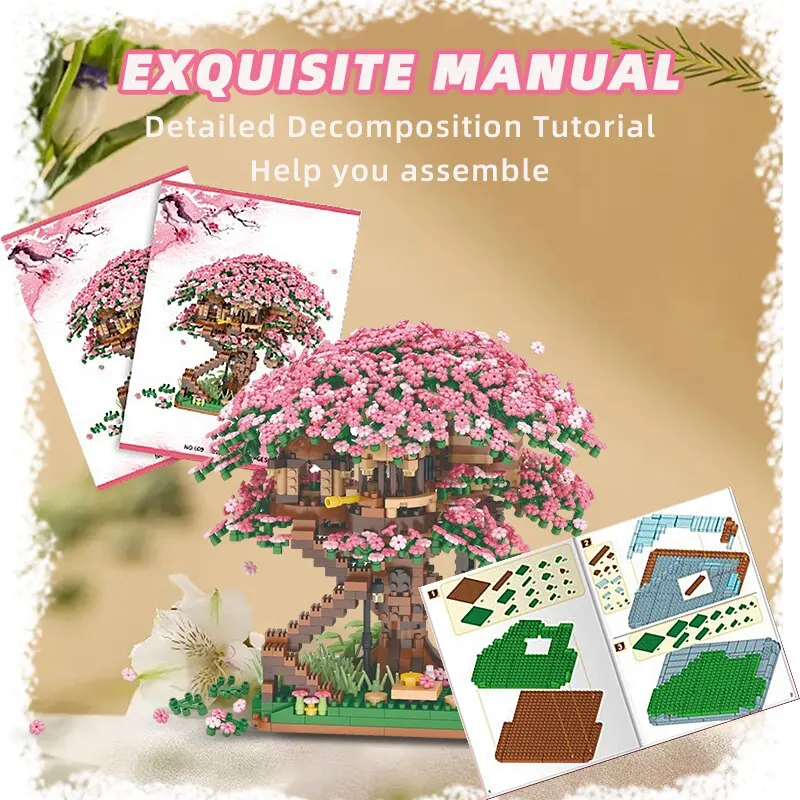 Mini Sakura Boomhut 2138 Stuks Bouwstenen Kersenbloesem Plant Stad Straat Uitzicht Bakstenen Diy Model Ornament Speelgoed Kinderen Cadeau