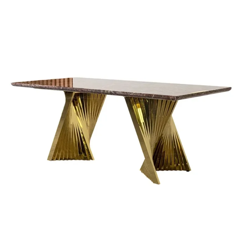 

Italian light luxury dining table and chair combination large apartment stainless steel dining table