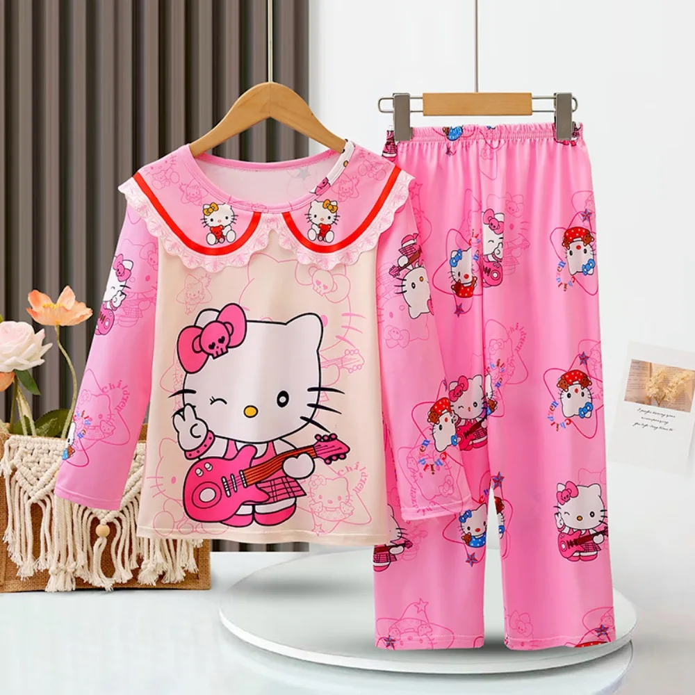 Disney Mickey Girls Pajama Sets Lace Neck Kawaii Cartoon Print Gal Pajamas Suit Soft Comfortable Breathable Homewear Sets