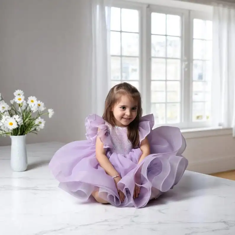 Handmade Purple Sequin Tulle Flower Girl Dress Baby Clothes New Born Girls Dress