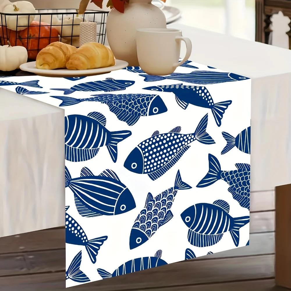 1pc Blue Fish Table Runner Single Sided 2D Print Polyester Decor for Dining Room Kitchen Coastal Nautical Aesthetic Vibe