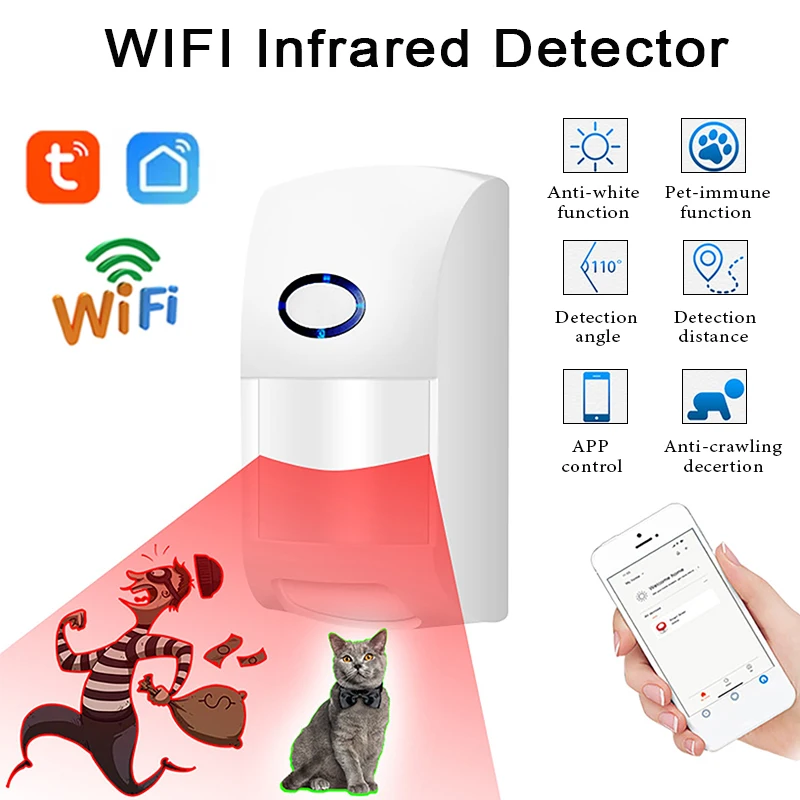 Czujnik ruchu PIR Tuya Smart WiFi, bezprzewodowy system bezpieczeństwa domowego, odporny na zwierzęta i wyciskanie się przez ściany, czujnik podczerwieni do wykrywania ludzi.