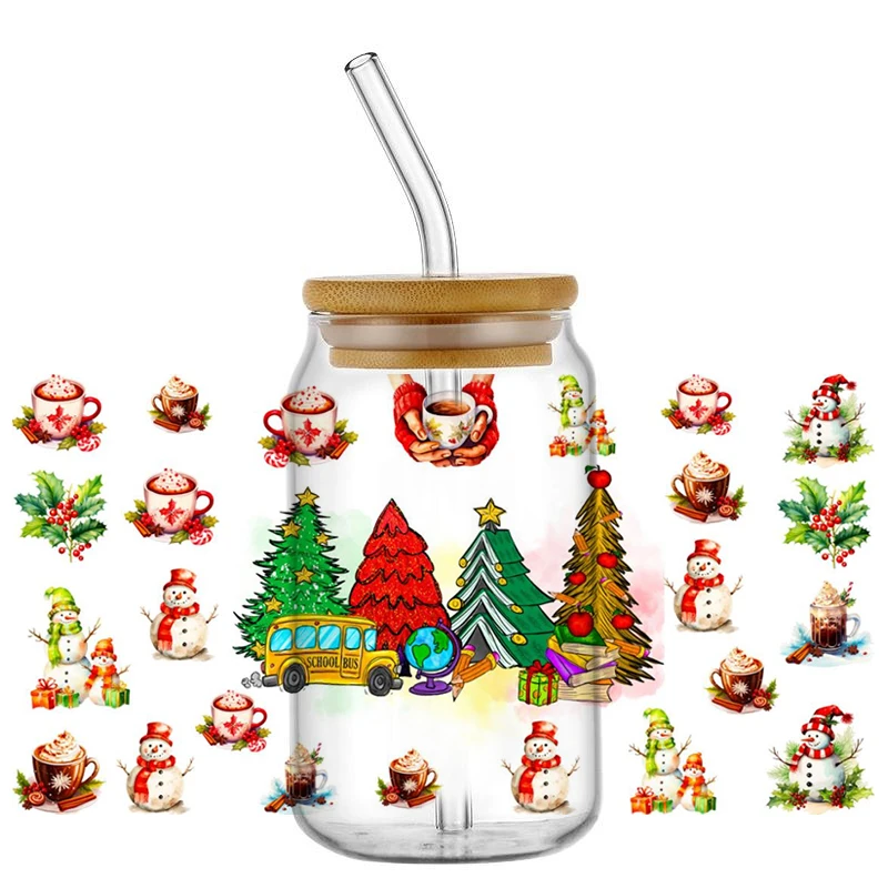 Miniso 3D Christmas Tree Decal Washable UV DTF Cup Wrap for 16oz Libbey Glasses DIY Mug Merry Xmas Transfer Sticker