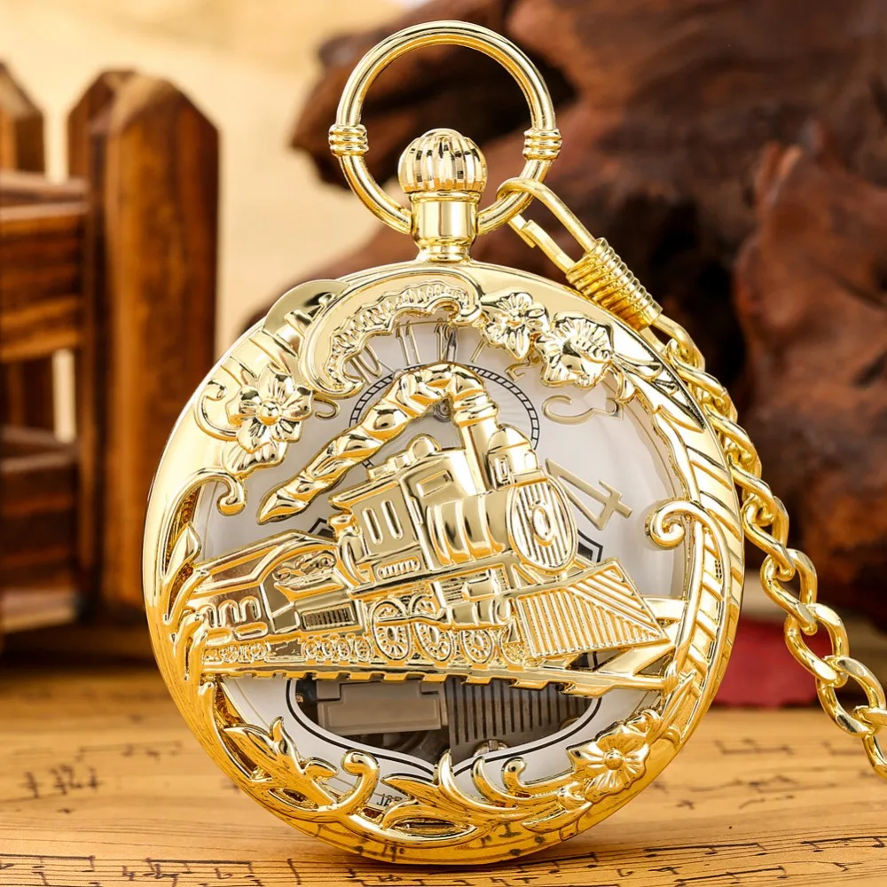 Creative Hand Crank Music Quartz Pocket Watch Fashion Steam Train Musical Movement Chain Clock New Year Gift For Men Women