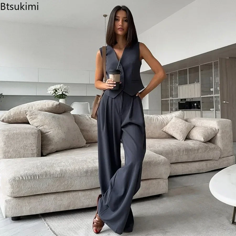 2026 Women's Summer 2 Piece Pants Set Solid V-neck Single Breasted Sleeveless Vest With Wide Leg Pants Sets Fashion Casual Suits