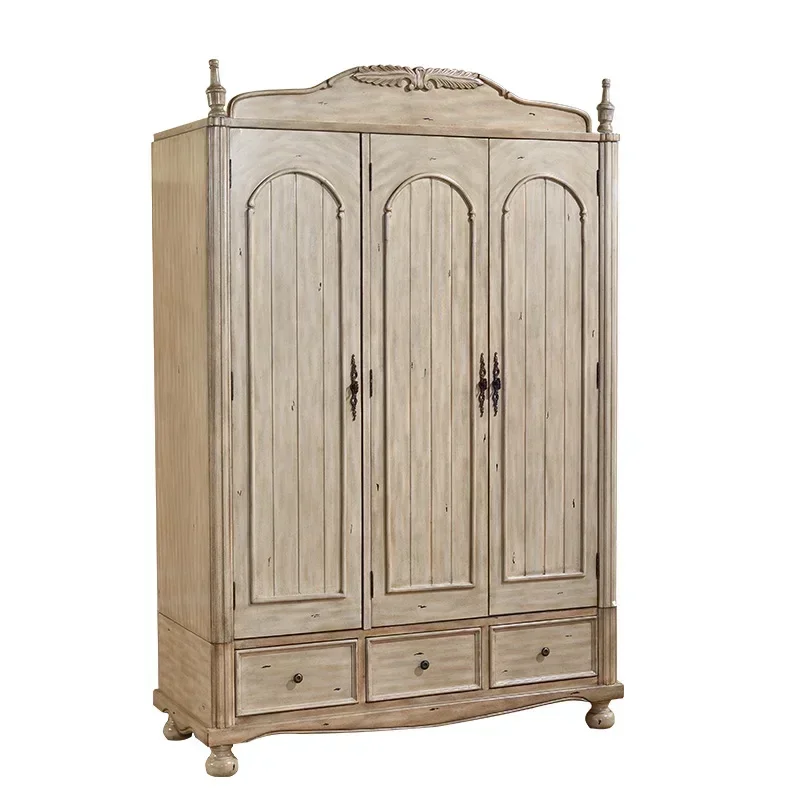 Master Bedroom Three Door Wardrobe Solid Wood Retro Four Door Wardrobe Small Unit Double Door Wardrobe