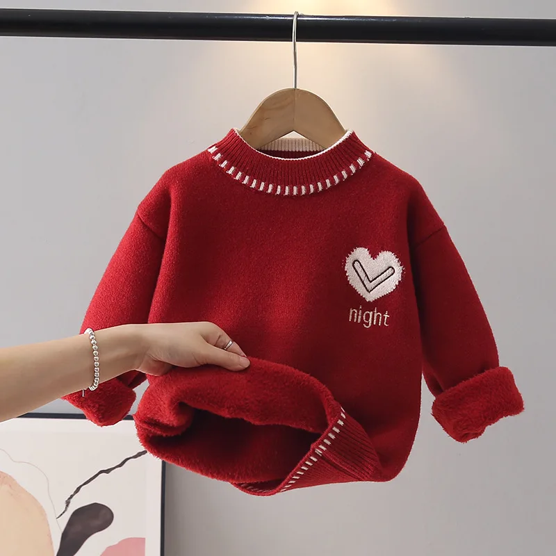 Timeless Heart-shape Pattern Children Sweater Fleece-lined Knit Sweaters Knit Pullover Student Winter Holiday Clothes JY10163