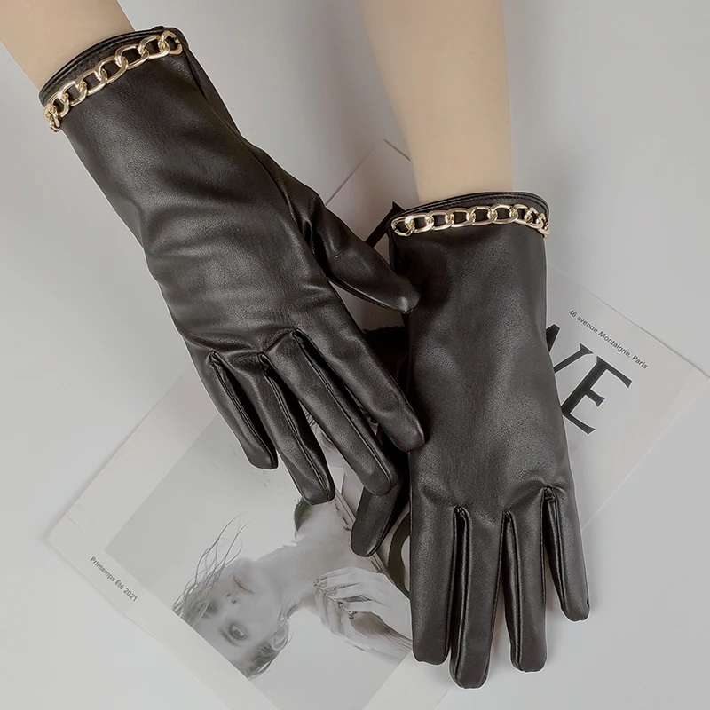 

Sexy Women Nightclub Performance Punk Full Finger PU Leather Gloves Black Super Flash Gold Chain Fleece Lining Warm Mittens S114