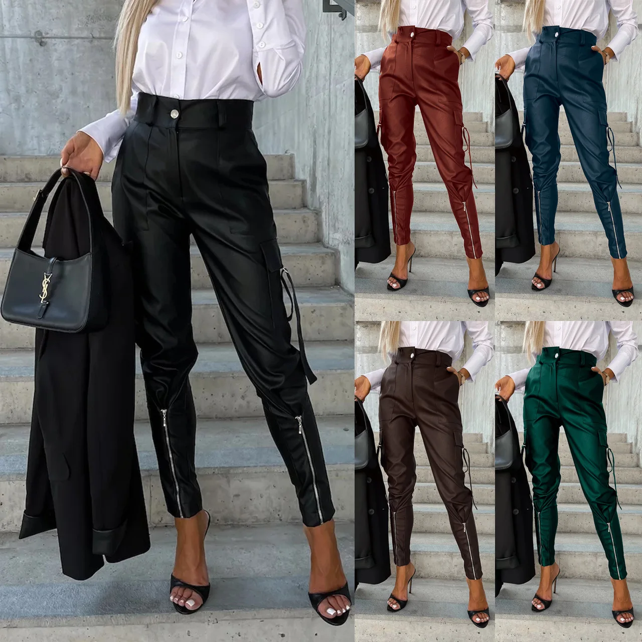 

2025 autumn and winter new hot selling women's fashionable slim fit PU leather waist cinched small leg pants pocket