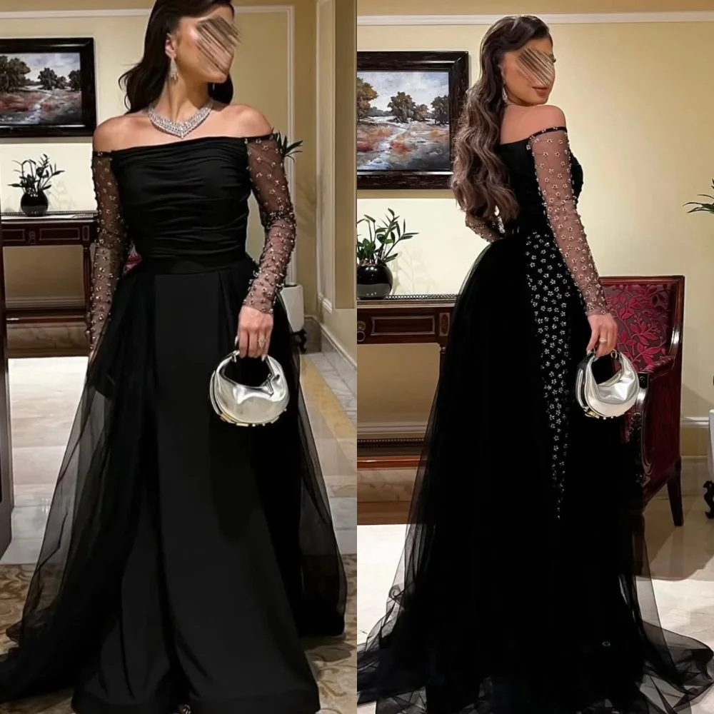 

Customized Exquisite Off the Shoulder Crystal Long Sleeves Evening Dress Delicate Tulle Prom Dresses Temperament Party Gowns