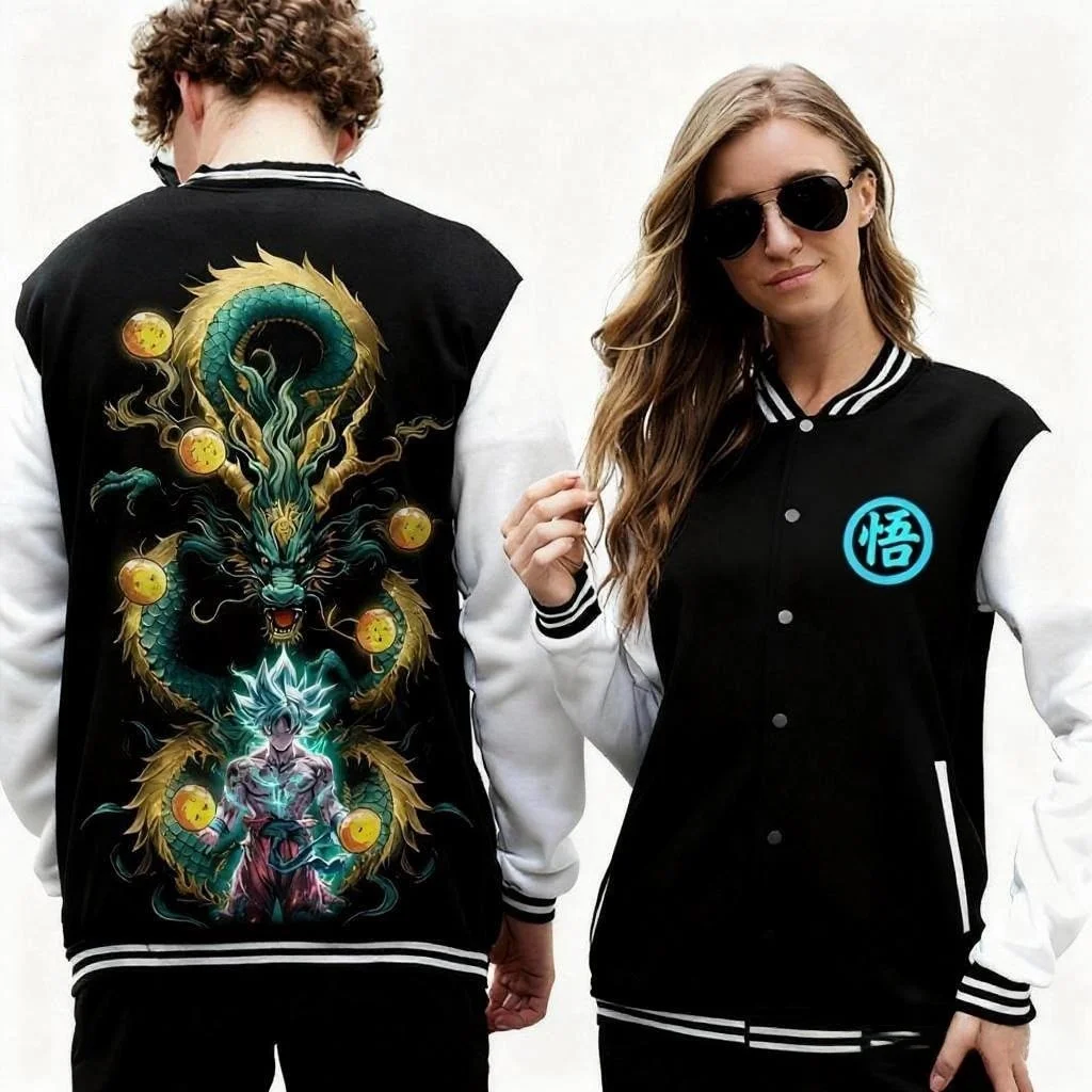 

Бейсбольная куртка унисекс с Dragon Ball Goku Shenron Seven Balls Back Print Blue Wu Character Chest Logo Черный Белый Цвет Аниме