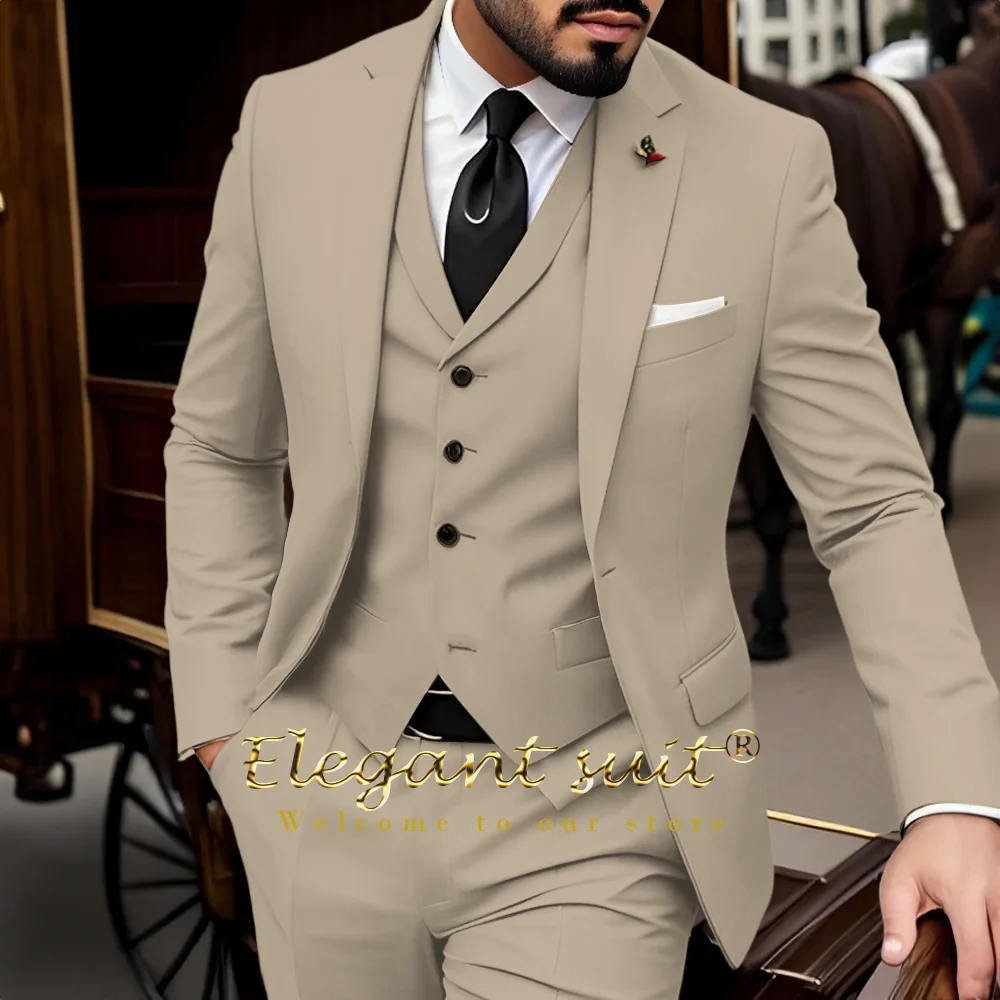 

3-Piece Men’s Gentleman Suit Single Button Blazer Vest Pants Slim Fit Tuxedo for Wedding Cocktail Birthday Hosting