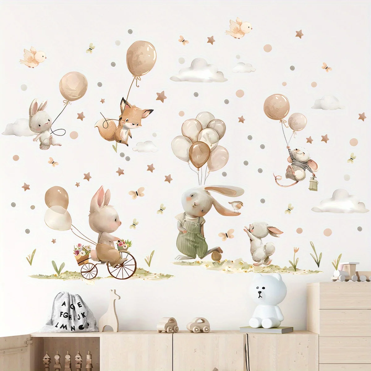 2pcs Cartoon Rabbit Fox Balloon Wall Stickers for Children Room Kids Room Decor Bedroom Living Room Decoration Wall Decals