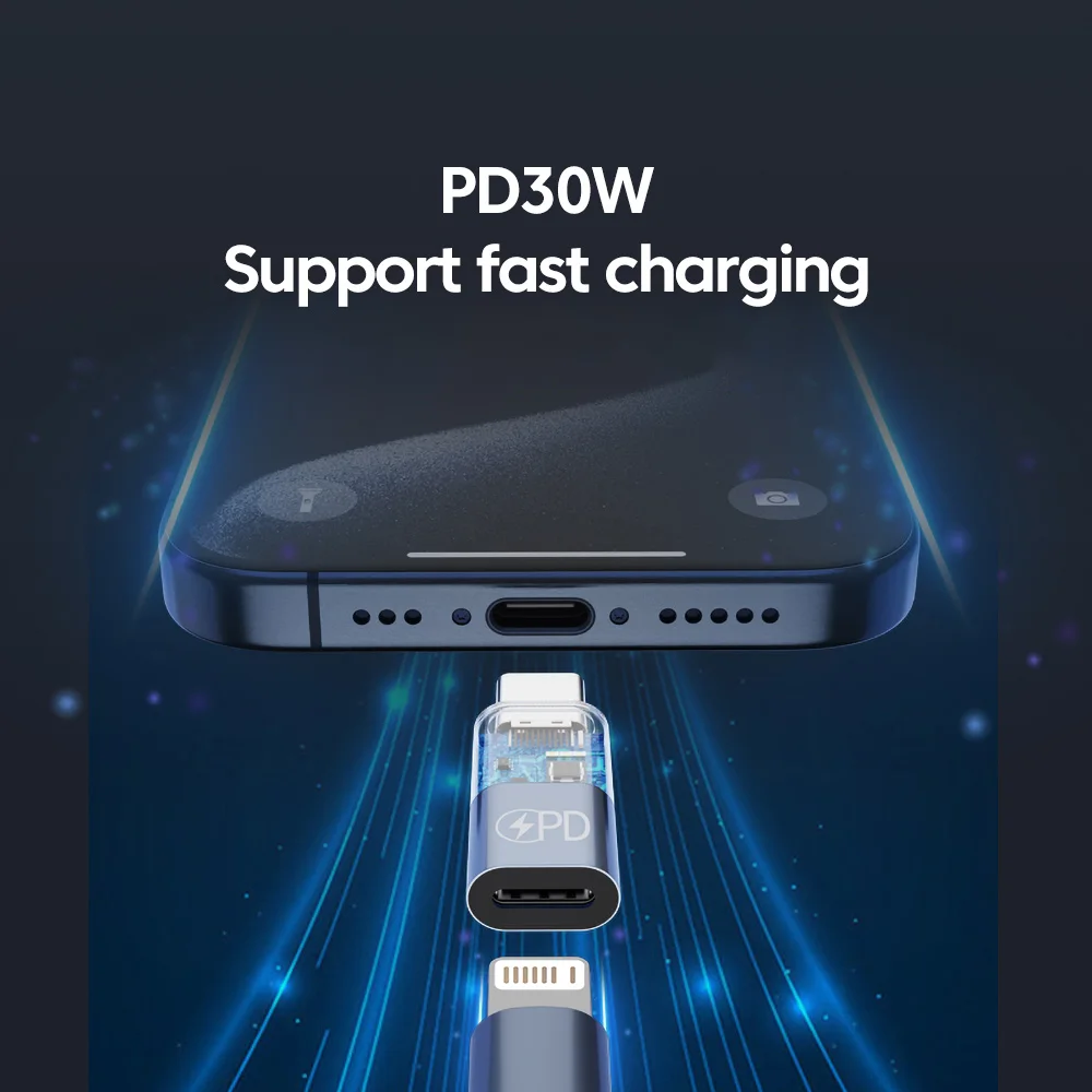 PD 30W błyskawica żeński do typu C męski Adapter dla iPhone 15 OTG dla iPad USB 2.0 przezroczyste złącze LED konwerter