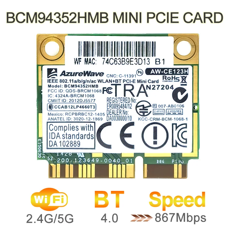 

AzureWave AW-CE123H BCM4352 BCM94352HMB Half Mini PCIe PCI-express 802.11AC 867Mbps Wireless WIFI WLAN Bluetooth Card