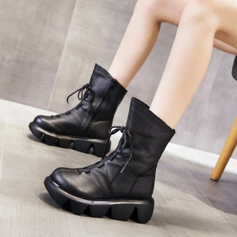 BEYARNE Botas Women Motorcycle Ankle Boots Wedges Female Lace Up Platform Spring Genuine Leather Handmade Shoes Woman