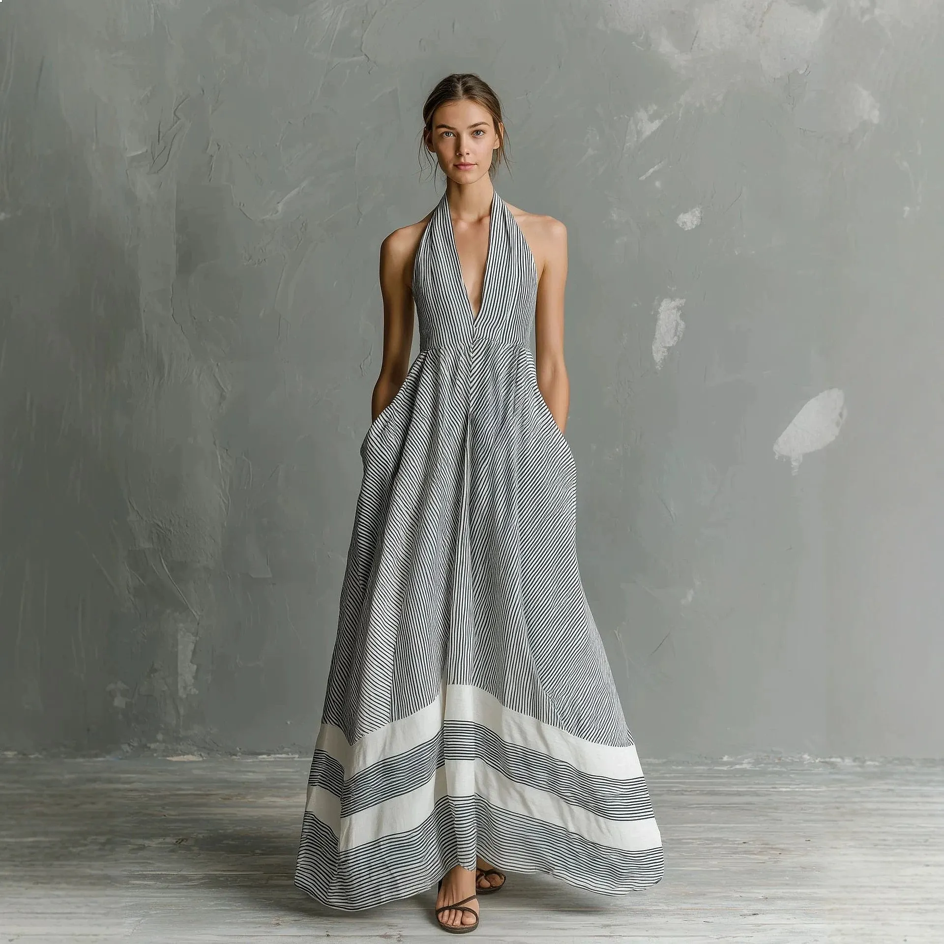 

Striped Halter Backless Maxi Dress Summer Sexy Tie Neck Jumpsuit Overall Playsuit