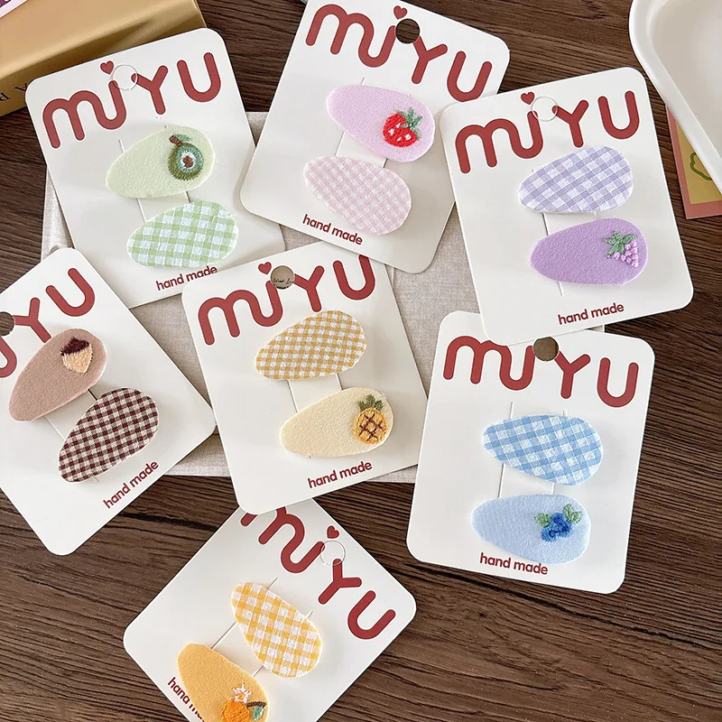 

Заколки для волос в корейском стиле для детей, маленькие зажимы-капли, смешанные фрукты, вышивка, милые заколки в клетку тартан, 2 шт.