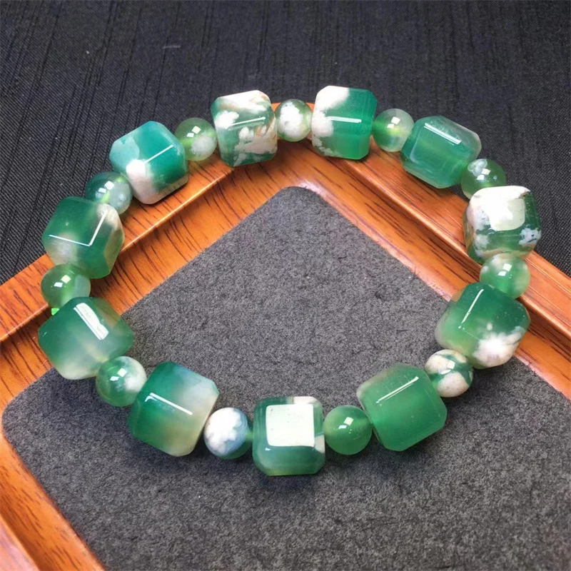 Natural Green Flower Agate Cube Bracelet Gemstone Crystal Healing Gemstone Fashion Bracelet Jewelry Gift 10MM