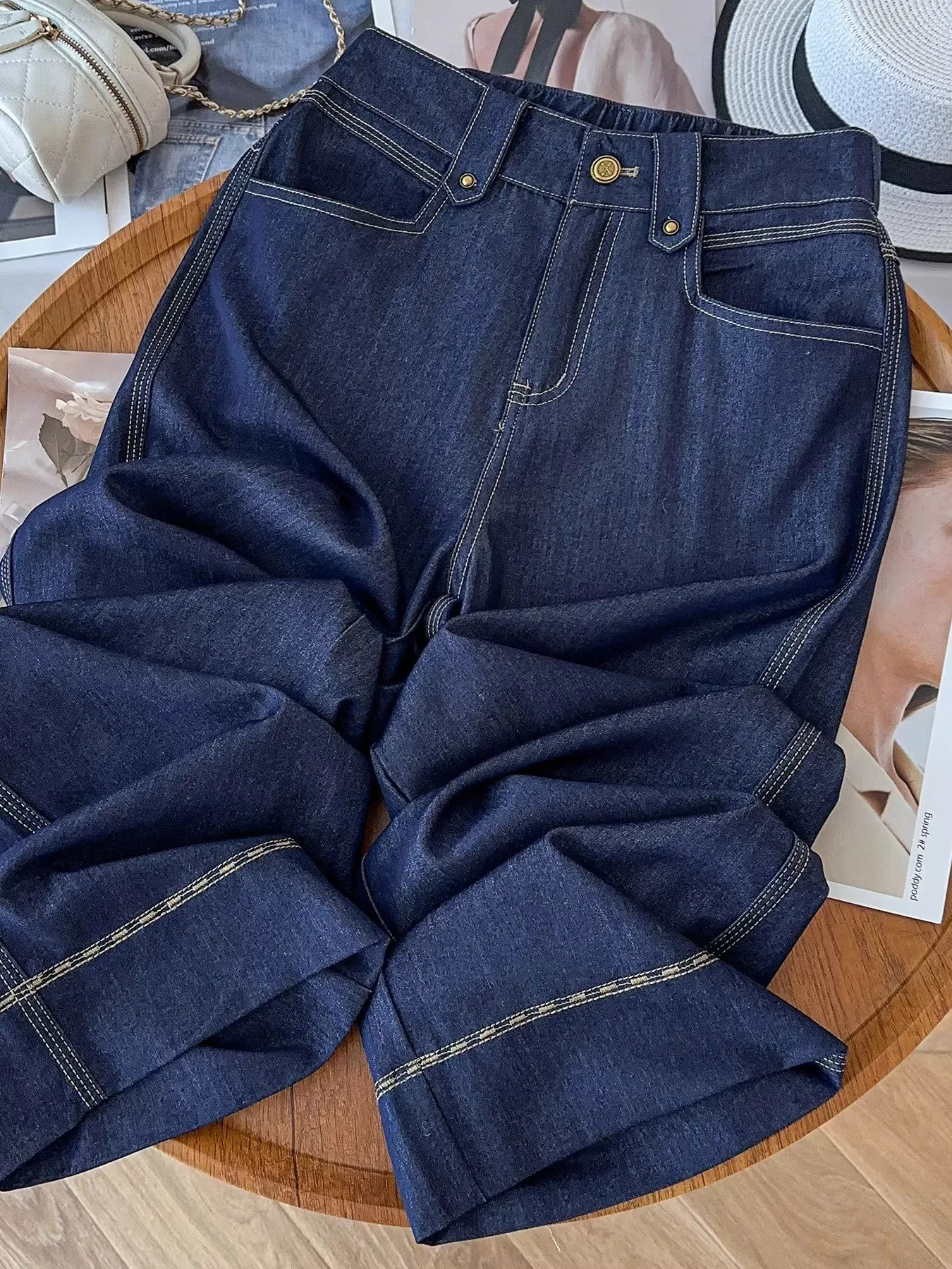 Non-Fading Wide Leg Denim Blue Jeans Women's Autumn New Thin Loose High Waist Elastic Drapey Straight Leg Pants