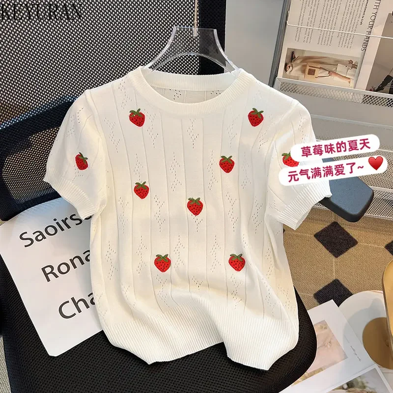 2024 New Summer Strawberry Embroidery Hollow Out Sweater Women Knitted T-Shirt White Short Sleeve Thin Knitwear Tops Tees Female