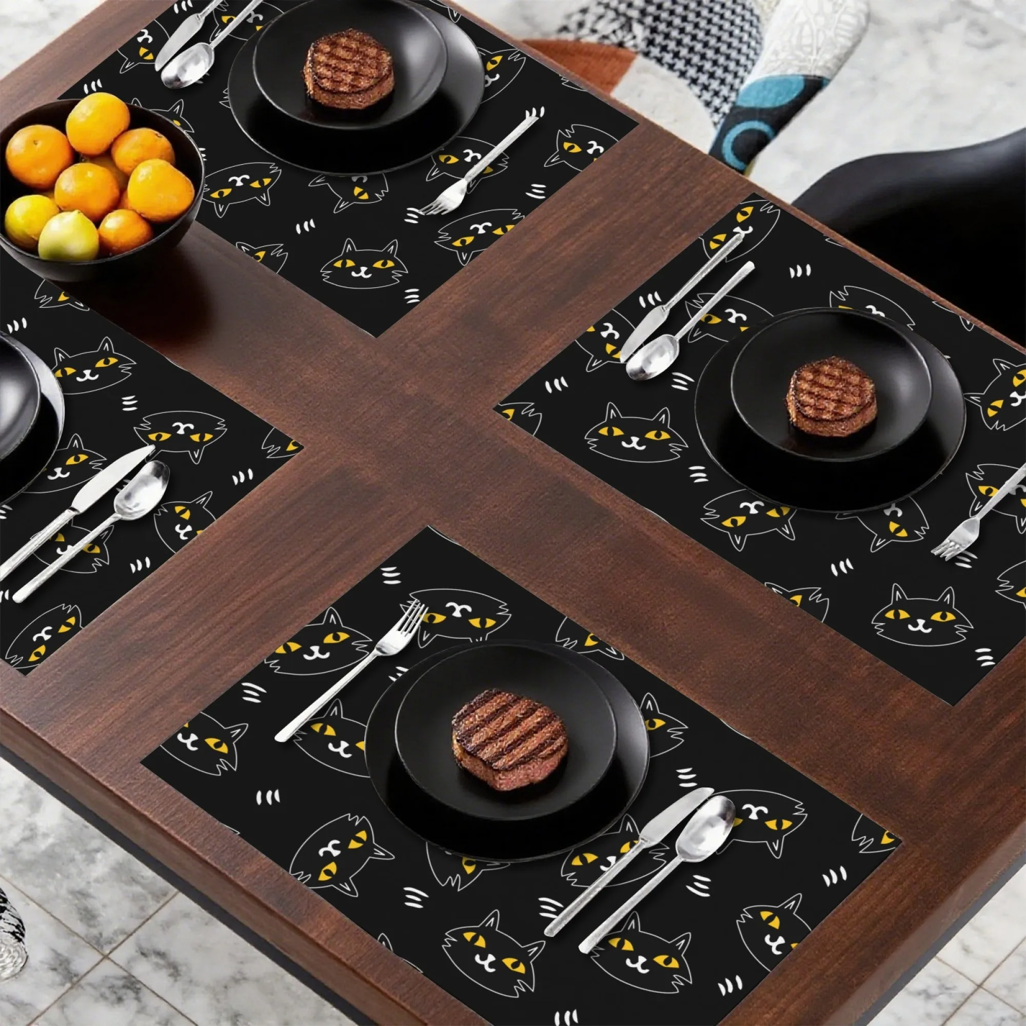 

Милый креативный ежедневный обеденный коврик для столовых приборов, черный, желтый и белый узор, кошачьи элементы, детский семейный коврик для декора стола
