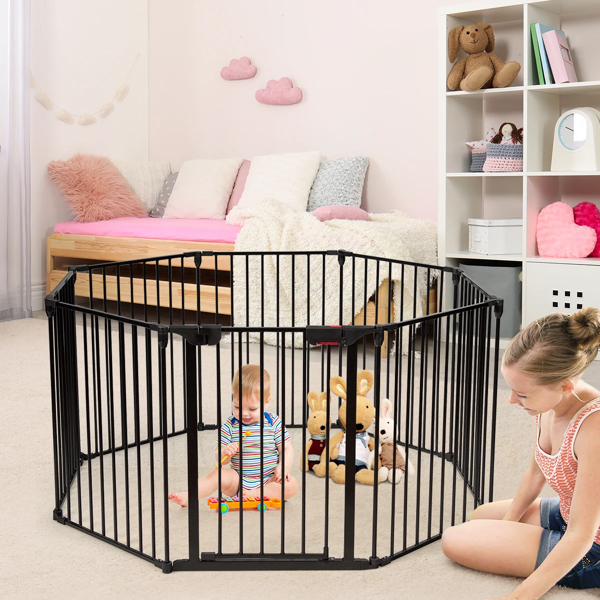 8 Panel Baby Safe Metal Gate Play Yard Pet Fence Barrier Wall-mount Adjustable