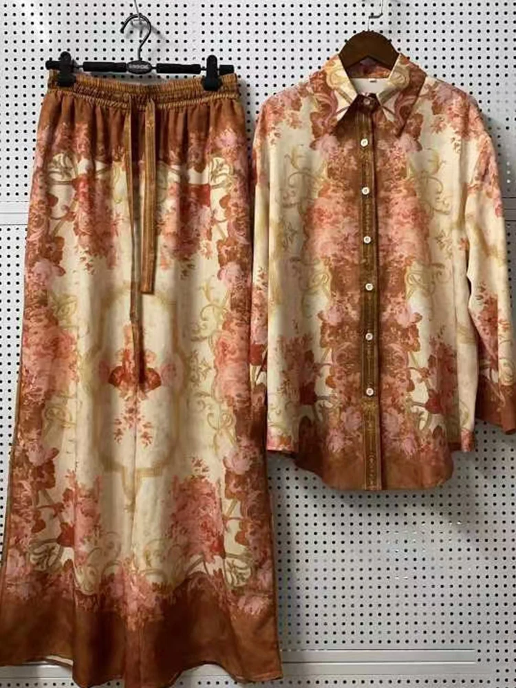 

Designer's retro geometric print lapel shirt two-piece set for 2025 autumn women's wear + High-waisted loose wide-leg pants set