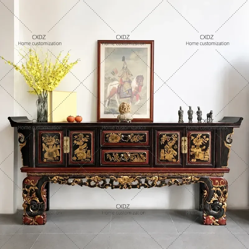 Modern Chinese Solid Wood Carved Flower Warping Head Case Hand Painted Gold Strip Retro New Chinese Style Furniture for Tea