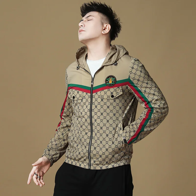 

Trendy Men's Hooded Jaet Long Sve Autumn Winter High End Faion Brand Youth ular Geometric Pattern Zipper Closure Sl...