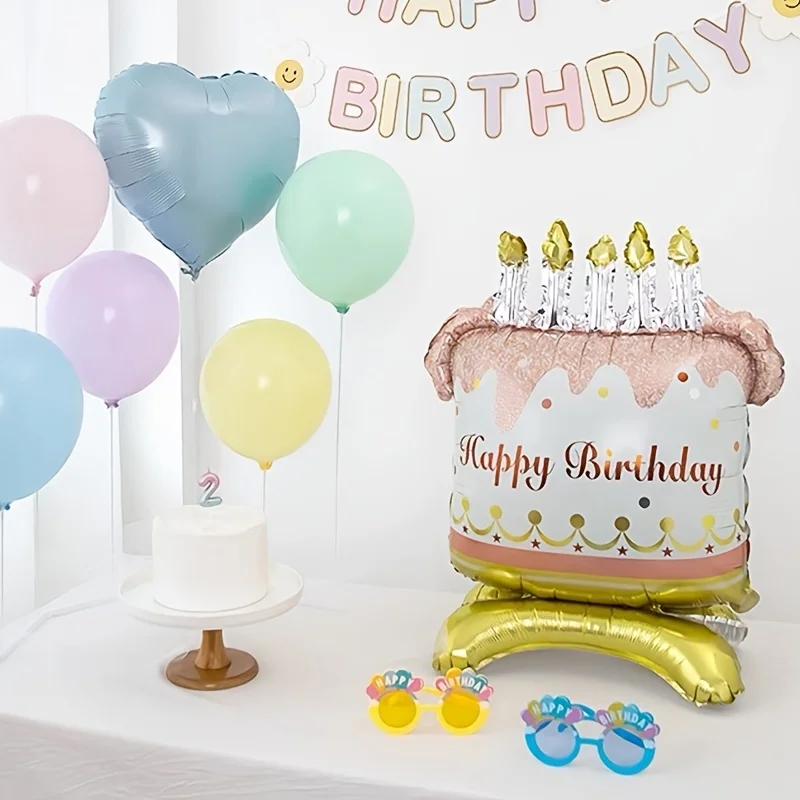 بالون كعكة ذهبي شامبانيا، بالون كعكة عيد ميلاد سعيد من رقائق الألومنيوم للأطفال والكبار لتزيين حفلات أعياد الميلاد