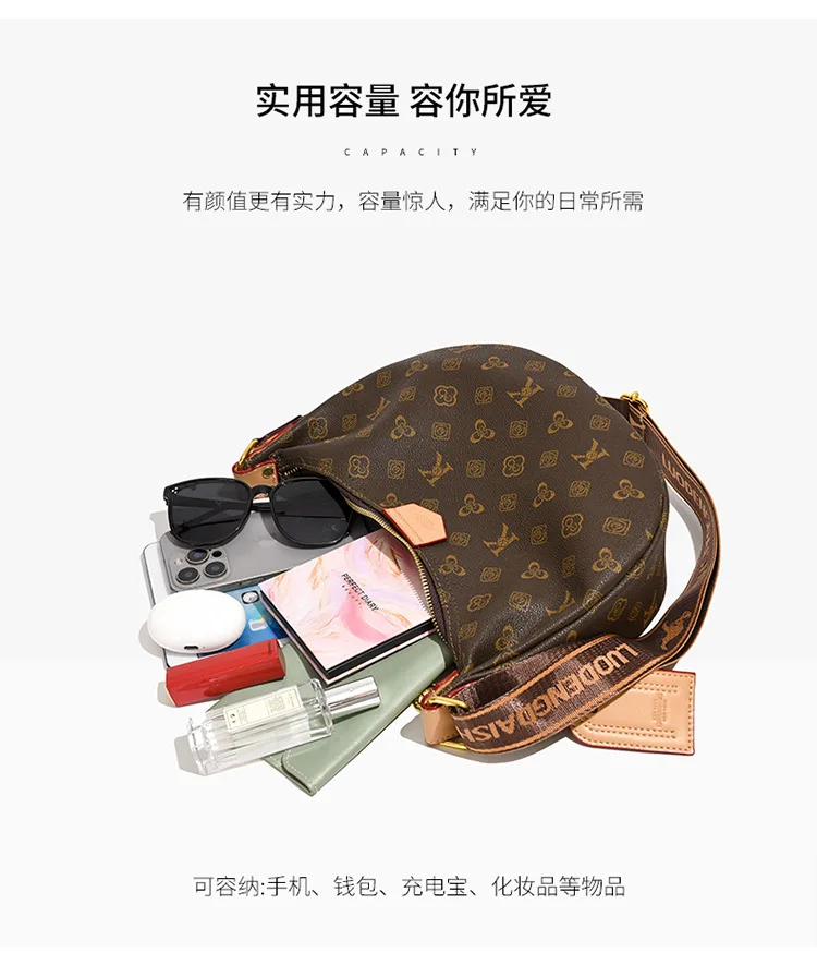 2025 nova bolsa de bolinho feminina retro impressão grande capacidade bolsa de ombro leve multi-bolso crossbody saco casual chique ​