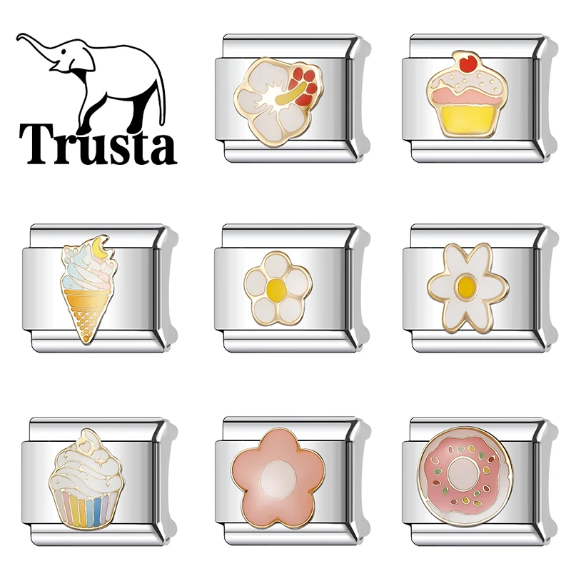 Trusta 2025 Fashion Flower Cake Donuts Charm Italian Links 9mm Stainless Steel Bracelet for Women DIY Jewelry Wholesale N309