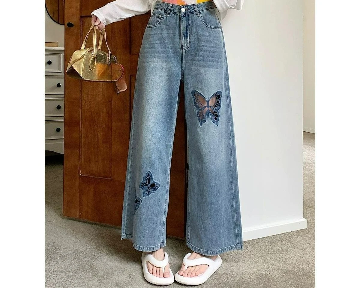 Retro Hollow Butterfly Jeans Women's Spring New Versatile Design Sense Loose High Waist Thin Wide Leg Nine-point Pants