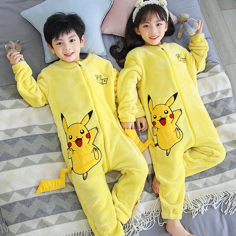

Cartoon Pikachu Dinosaur Long Sleeves Jumpsuit Pajamas Autumn and Winter Thick Flannel Sleeping Bag Home Clothes for Boys Girls