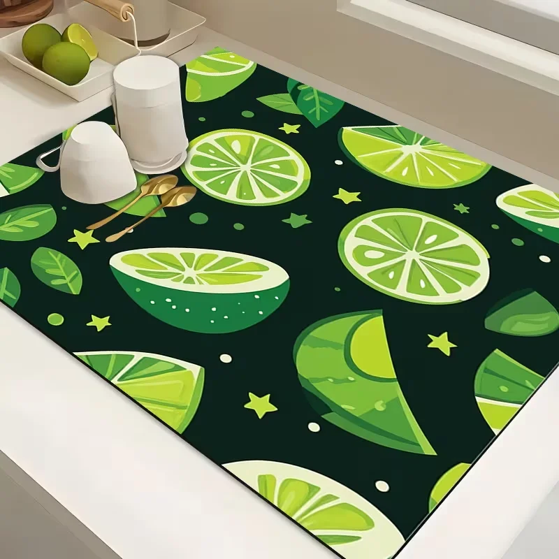 Cartoon Lime Slice Dish Drying Mat Fresh Citrus Fruit Pattern Kitchen Counter Pad Cup Tableware Draining Decor Mat for Sink Side