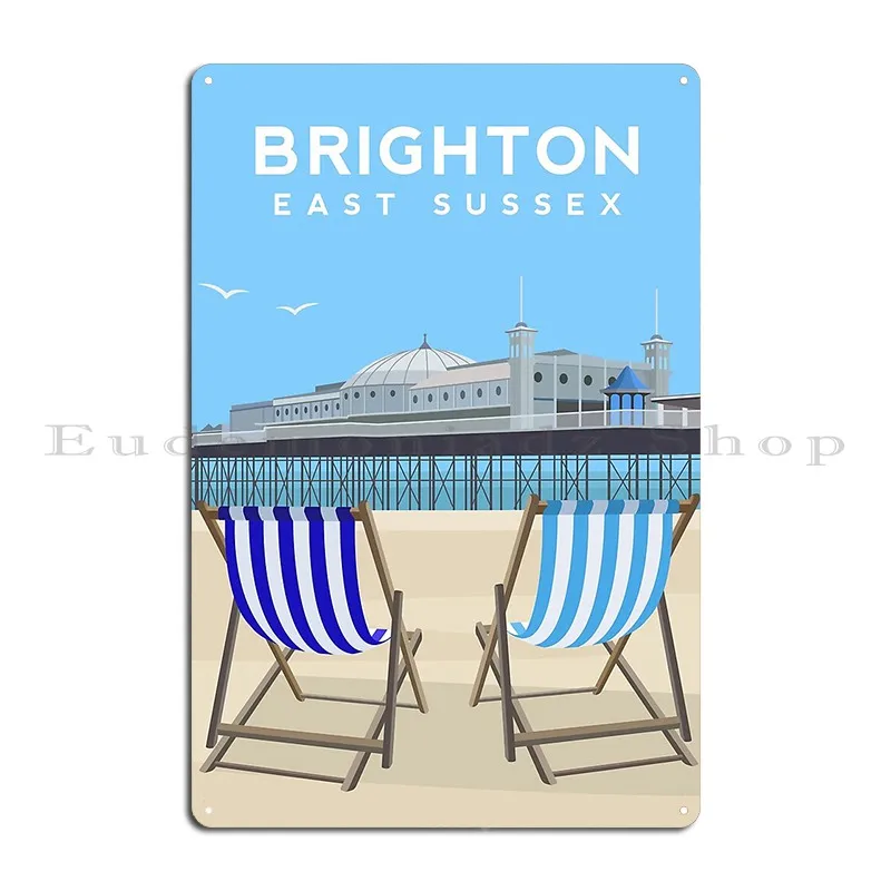 Brighton Pier And Beach East Sussex Metal Plaque Designing Iron Club Decoration Wall Cave Tin Sign Poster